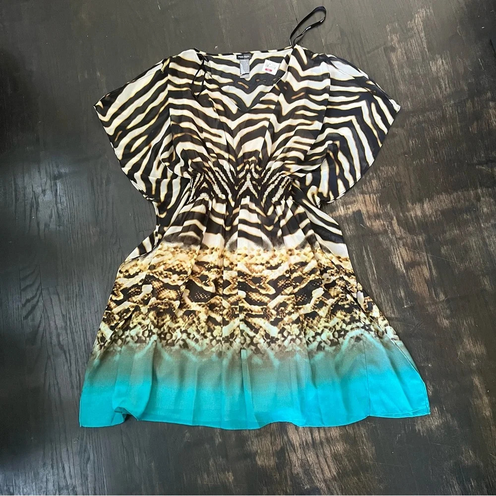 New Women’s Bisou Bisou animal print zebra cold shoulder party dress Boho 14W